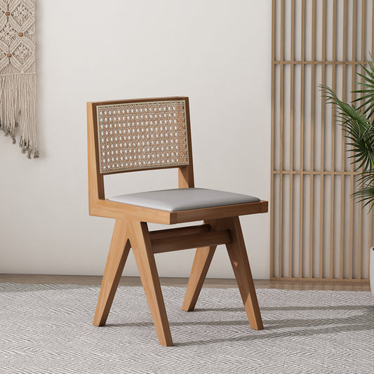 Modern Wooden Accent Chair with Woven Cane Back and Upholstered Seat for Dining Living or Minimalist Boho Style Interiors