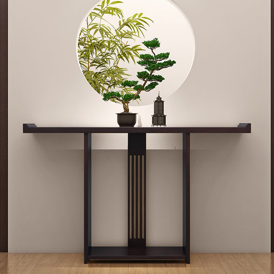 Oriental Style Console Table with Dark Wood Finish and Vertical Slatted Center Panel for Entryway Living Room or Zen Inspired Interior