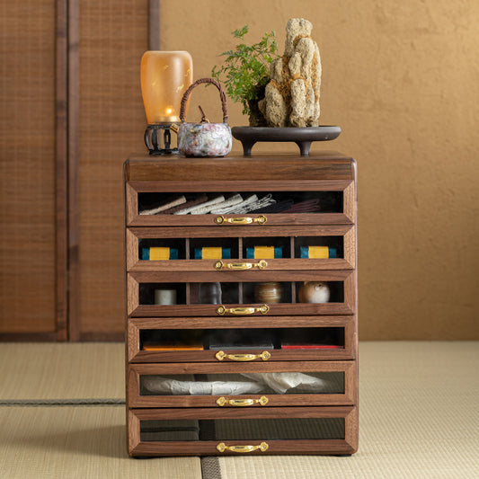 Japanese-Style Wooden Drawer Cabinet with Glass Fronts and Brass Handles a€?6-Layer Storage Chest for Tea, Calligraphy, or Collectibles