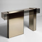 Modern Luxury Console Table with Smoked Glass Top and Fluted Gold Base for Entryway Living Room or Contemporary Interior Accent