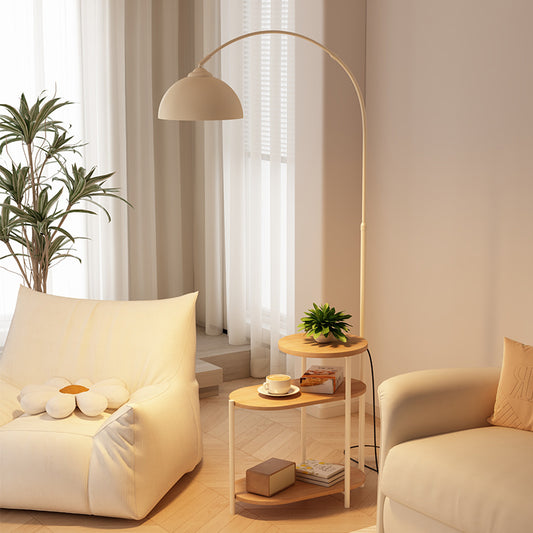 Modern Arched Floor Lamp with Dome Shade and Three Tier Wood Shelf Table in Cream Finish for Living Room or Reading Nook