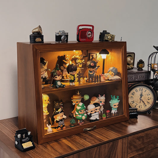 Vintage Wooden Display Case with Glass Front and Interior Lighting for Collectible Figures Toys or Memorabilia Showcase Cabinet