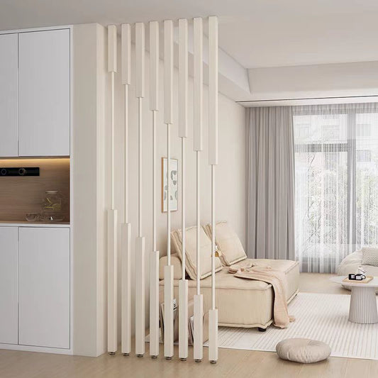 Minimalist Vertical Slat Room Divider with Asymmetrical Design and Neutral Finish for Modern Living Room or Open Space Separation