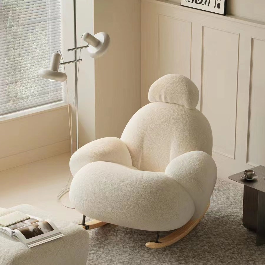 Modern Teddy Fabric Rocking Lounge Chair with Headrest and Curved Wooden Base for Cozy Reading Corner or Living Room Comfort