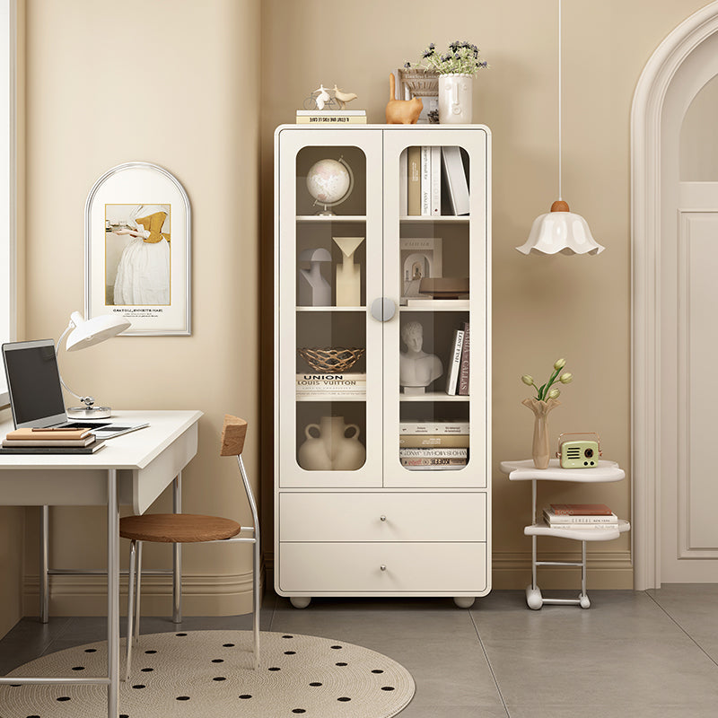 Modern White Bookcase with Glass Doors and Bottom Drawers for Living Room Bedroom or Study Display and Storage Cabinet