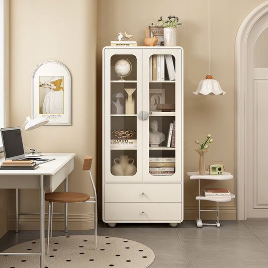 Modern White Bookcase with Glass Doors and Bottom Drawers for Living Room Bedroom or Study Display and Storage Cabinet