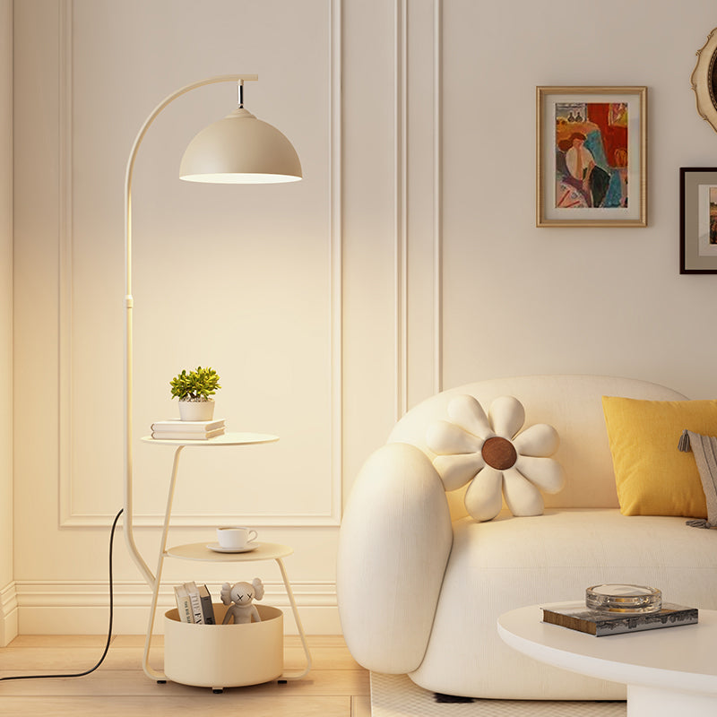 Modern Floor Lamp with Dome Shade and Three Tier Storage Shelf in Cream Finish for Living Room Bedroom or Cozy Corner Lighting