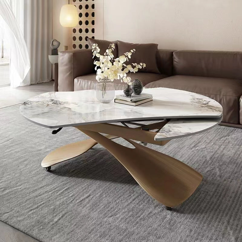 Modern Rotating Lift Top Coffee Table with Faux Marble Surface and Sculptural Wood Base for Stylish Living Room Centerpiece