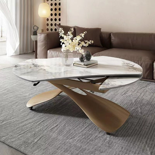 Modern Rotating Lift Top Coffee Table with Faux Marble Surface and Sculptural Wood Base for Stylish Living Room Centerpiece