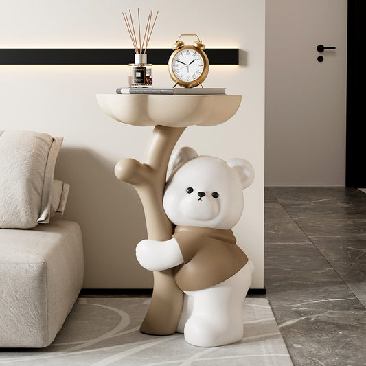 Cute Bear Hug Tree Side Table with Sculptural Base and Round Tray Top for Living Room Entryway or Playful Modern Interiors