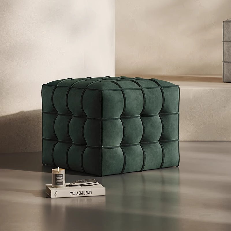 Modern Tufted Cube Ottoman in Velvet Upholstery with Grid Stitching for Living Room Bedroom or Stylish Lounge Accent Seat