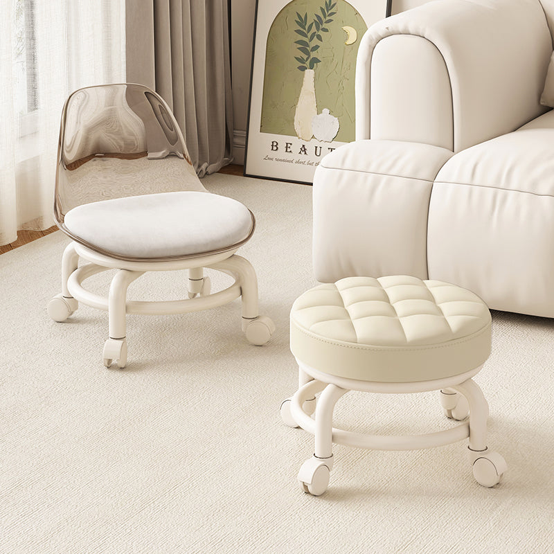Round Rolling Ottoman with Tufted Seat and Caster Wheels in Cream White for Living Room Bedroom or Versatile Home Seating