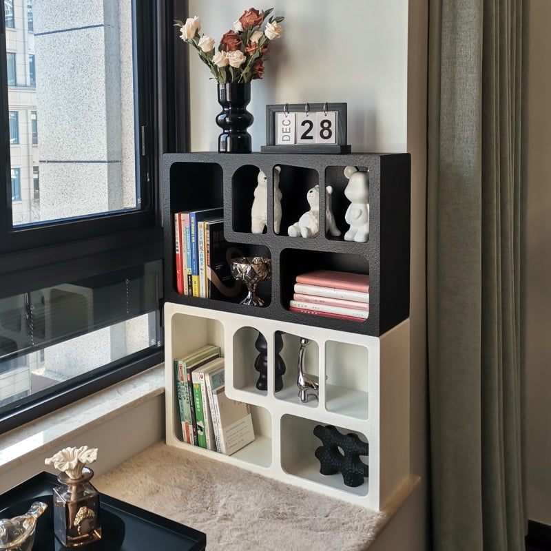 Modern Black and White Geometric Display Shelf with Asymmetrical Open Cubes for Books Decor or Storage in Bedroom Living Room or Office