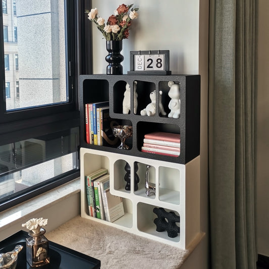 Modern Black and White Geometric Display Shelf with Asymmetrical Open Cubes for Books Decor or Storage in Bedroom Living Room or Office