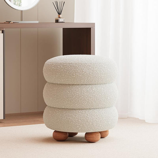 Stacked Round Ottoman with Soft Boucle Upholstery and Ball Wood Legs for Modern Living Room Bedroom or Vanity Accent Seat