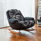 Modern Rocking Recliner Chair with Artistic Printed Cushion and Curved Wooden Base for Stylish Living Room or Creative Lounge Corner
