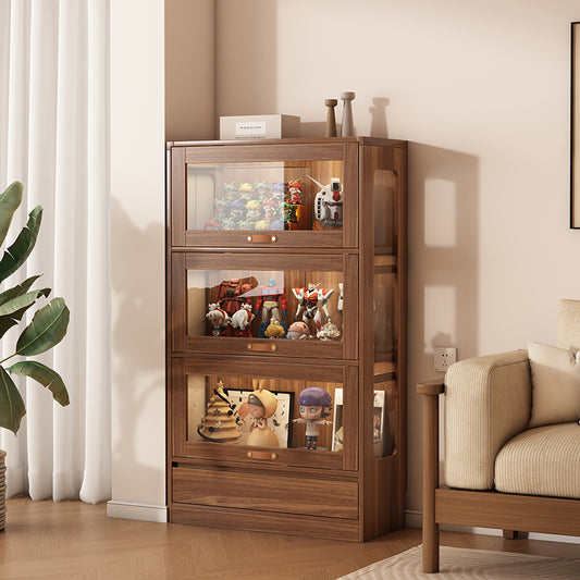 Walnut Wood Display Cabinet with Sliding Glass Doors and LED Lighting for Collectible Figures Toys or Decorative Storage