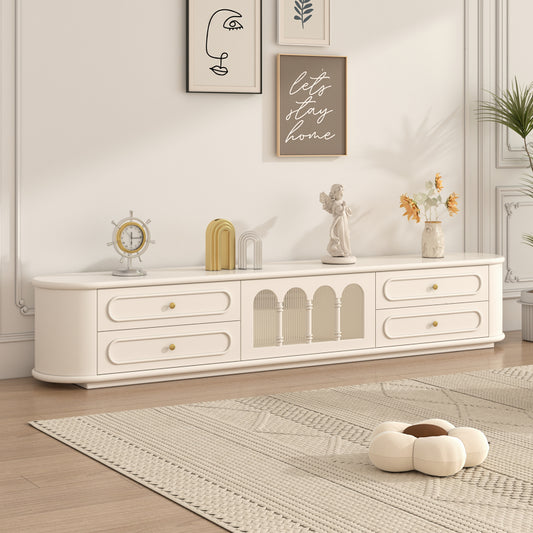 Vintage Style Cream TV Stand with Arched Glass Doors Rounded Corners and Gold Knobs for Elegant Living Room Storage and Display