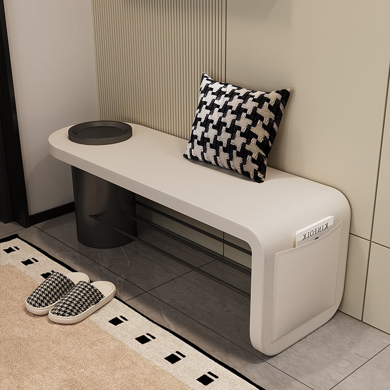 Modern Entryway Bench with Side Storage Pocket and Shoe Rack in Minimalist Design for Hallway Bedroom or Living Room Seating