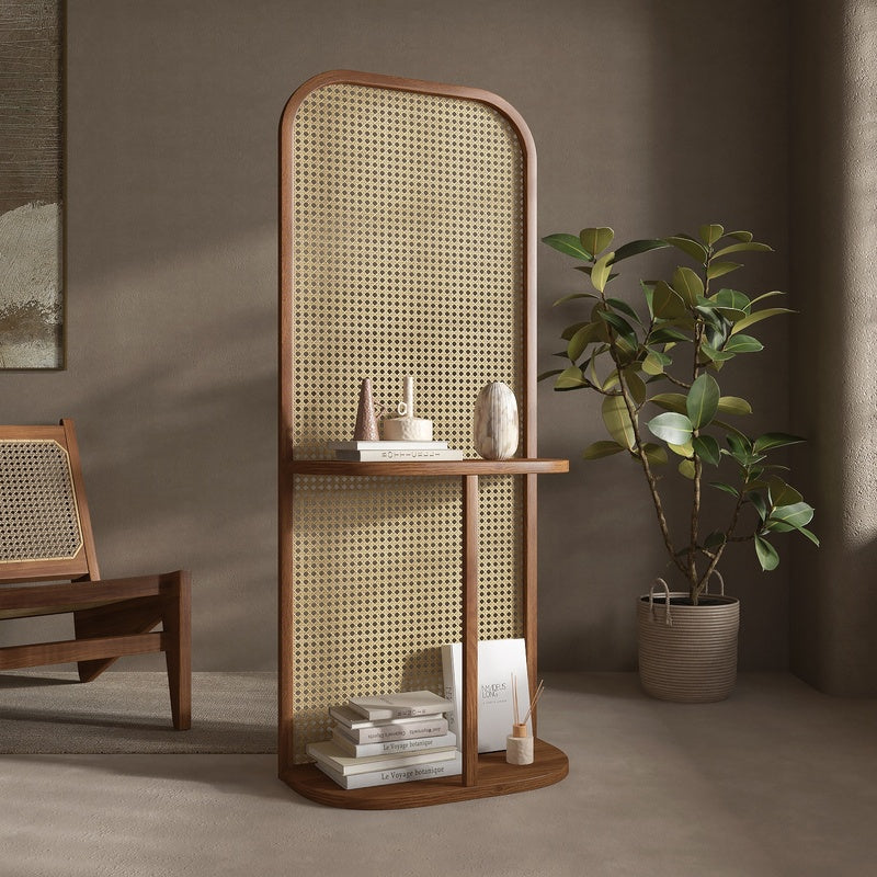Vintage Rattan Room Divider with Arched Walnut Frame and Built In Shelves for Boho or Mid Century Modern Living and Entry Spaces