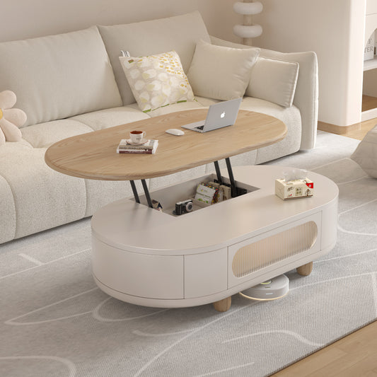 Modern Oval Lift Top Coffee Table with Hidden Storage Compartment and Soft White Base for Living Room or Home Office