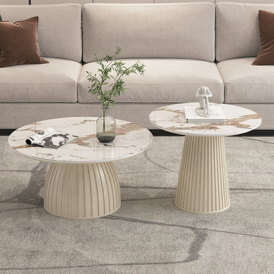 Round Coffee Table Set with White Marble Pattern Top and Ribbed Pedestal Base in Cream Finish for Modern Living Room or Lounge Area