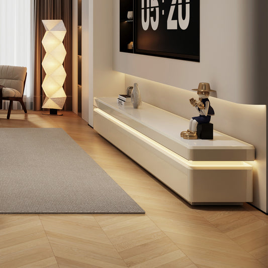 Modern Glossy White TV Stand with Rounded Corners and Ambient LED Lighting for Contemporary Living Room and Media Display