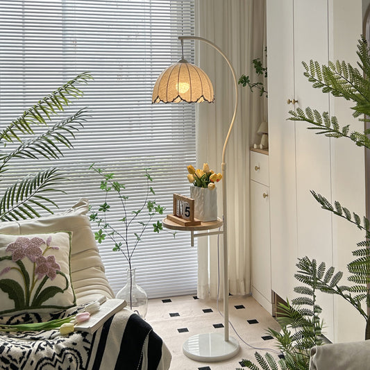 Vintage Floor Lamp with Lace Fabric Shade and Round Wood Shelf in Cream Metal Frame for Living Room or Reading Corner