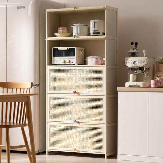 Modern Rattan-Style Kitchen Storage Cabinet with 4 Drawers and Open Shelves a€?Multi-Tier Pantry Organizer for Appliances, Dishes & Dry Goods