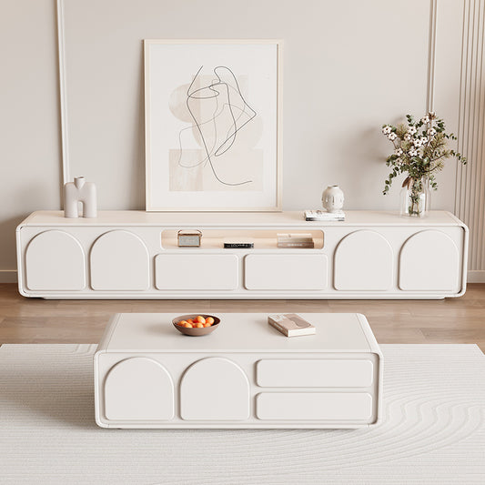 Modern Cream TV Stand with Arched Panel Design Open Shelf and Rounded Corners for Minimalist Living Room or Entertainment Area