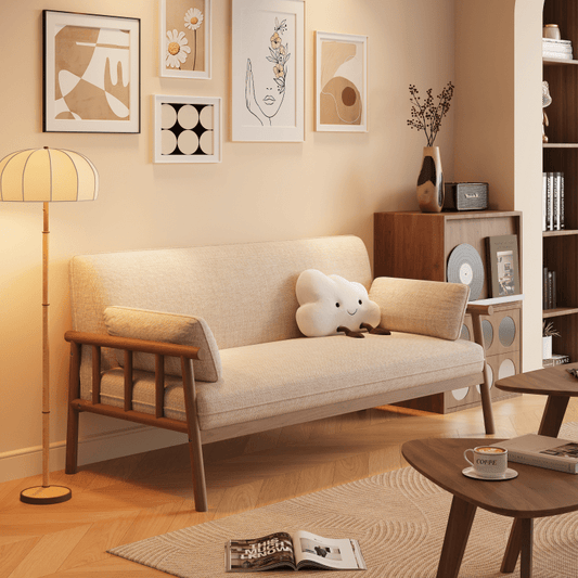 Mid Century Modern Loveseat with Solid Wood Frame and Soft Beige Upholstery for Japandi Style Living Rooms and Minimalist Interiors