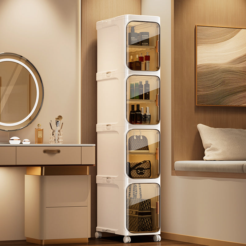 Luxury 4-Tier Rolling Storage Cabinet with Tinted Glass Doors a€?Vertical Organizer for Cosmetics, Handbags, and Accessories