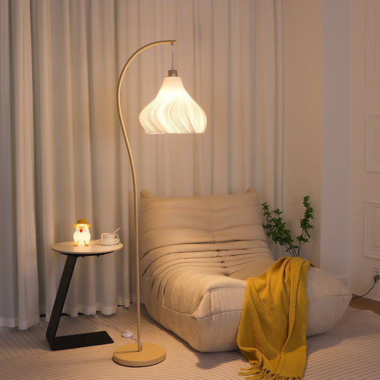 Modern Floor Lamp with Swirl Design Pendant Shade and Curved Metal Arm in Warm Beige for Living Room or Bedroom