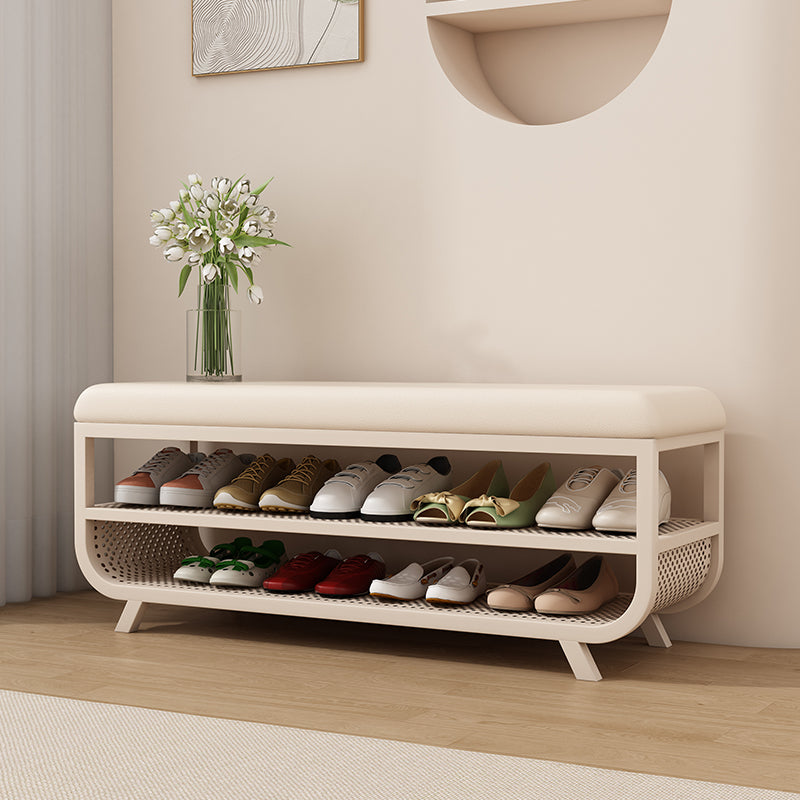 Cream Upholstered Shoe Bench with Rounded Frame and Double Tier Storage for Entryway or Bedroom
