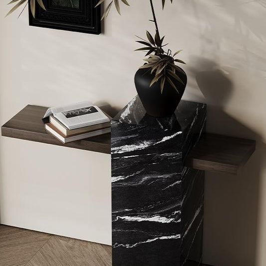 Modern Asymmetric Console Table with Black Marble Waterfall Pedestal and Wood Top for Entryway, Hallway, or Artistic Interiors