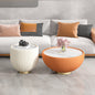 Modern Sculptural Coffee Table Set with Ribbed Bases and Marble Tops a€?Round Orange and Cream Accent Tables with Gold Trim for Stylish Living Rooms