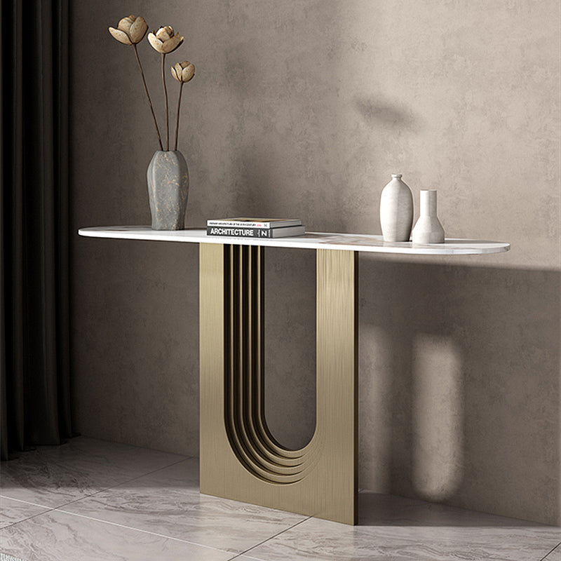 Modern Console Table with U-Shaped Brushed Gold Base and White Marble Top for Entryway, Hallway, or Luxe Contemporary Interiors