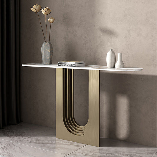 Modern Console Table with U-Shaped Brushed Gold Base and White Marble Top for Entryway, Hallway, or Luxe Contemporary Interiors