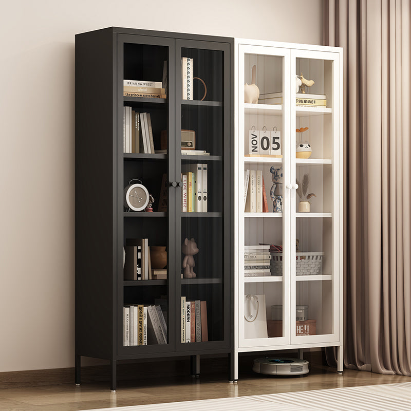 Modern Black and White Glass Door Bookcase Set with Adjustable Shelves for Books Storage and Display in Study or Living Room