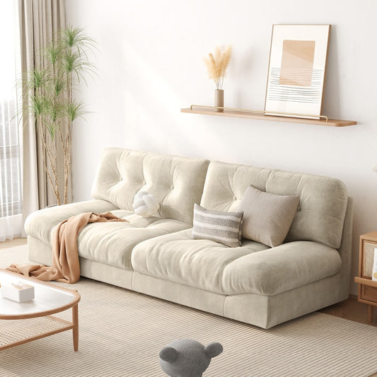 Low-Profile Modular Floor Sofa in Cream Velvet with Tufted Cushions and Wide Seats a€?Ideal for Minimalist, Japandi & Cozy Living Spaces