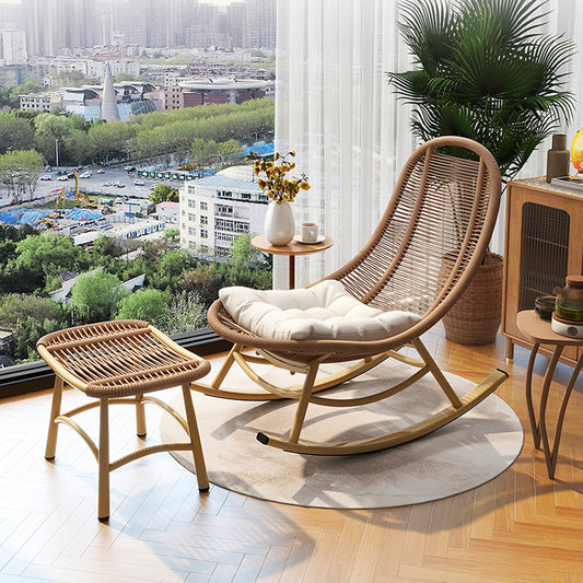 Boho Rattan Rocking Chair with Ottoman and Soft Cushion for Balcony, Reading Nook or Relaxing Living Room Corner
