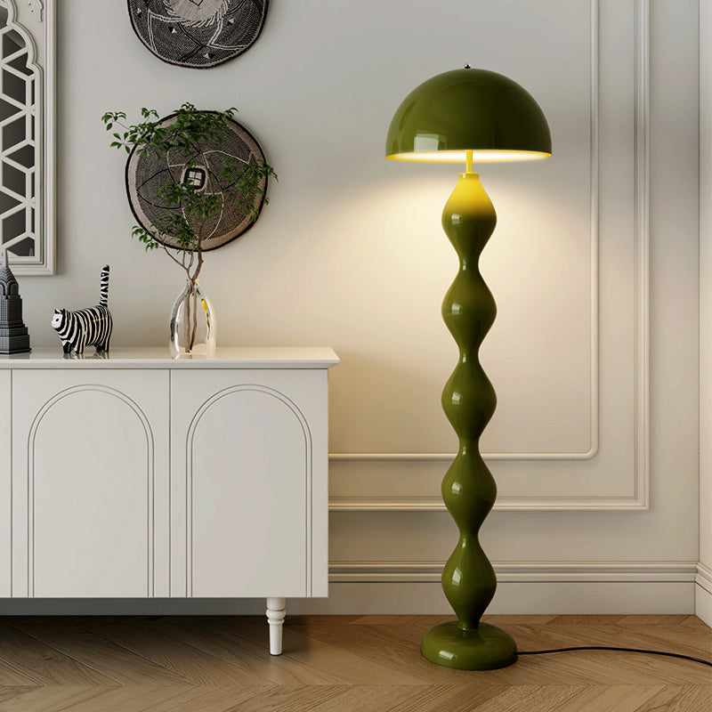 Retro Modern Floor Lamp with Sculptural Wavy Base and Glossy Dome Shade in Olive Green for Living Room or Studio Decor