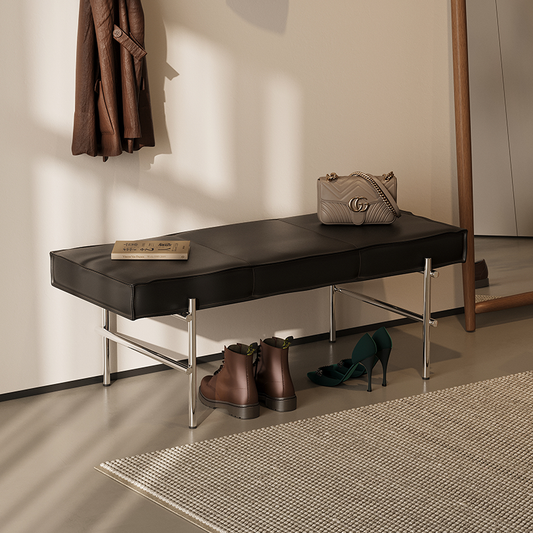 Modern Faux Leather Entryway Bench with Chrome Metal Frame for Hallway Bedroom or Contemporary Living Room Seating