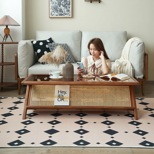 Mid-Century Rattan Coffee Table with Glass Top and Solid Wood Frame a€?Natural Cane Accent Table for Boho, Japandi or Scandinavian Living Room