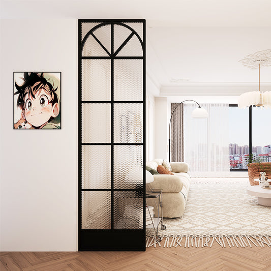 Arched Metal Framed Room Divider with Textured Glass Panels for Modern European Style Living Room or Entryway Partition