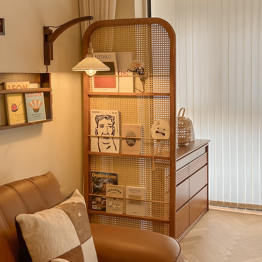 Vintage Rattan Room Divider with Arched Frame and Open Display Shelves for Living Room or Reading Nook Decoration