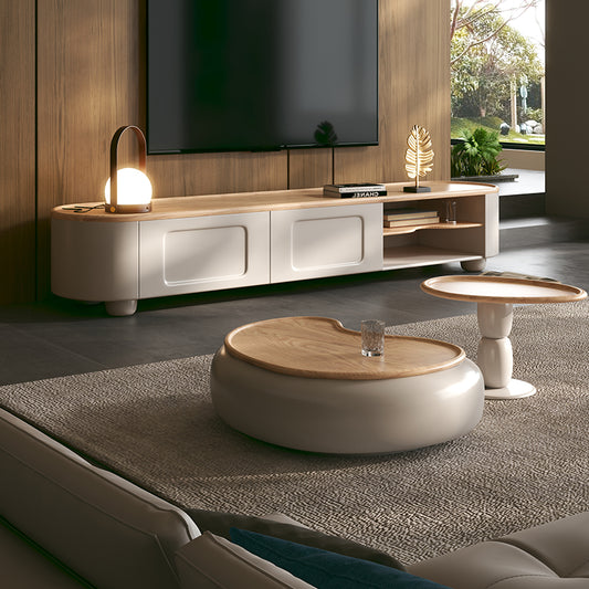 Modern Cream and Wood TV Stand with Rounded Corners and Open Shelves for Japandi or Wabi-Sabi Inspired Living Room
