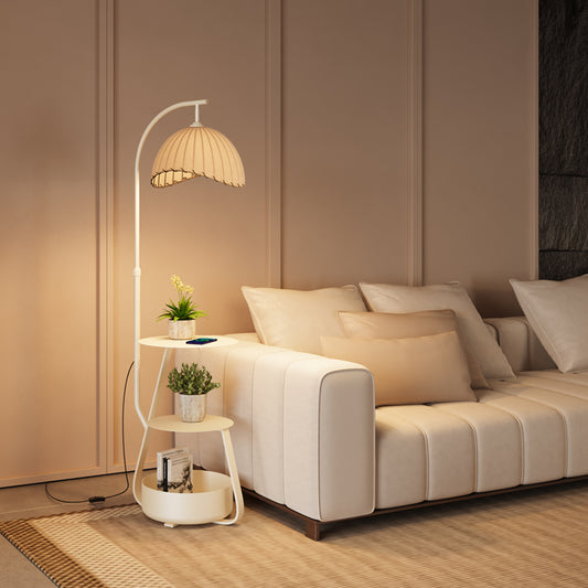 Cream Floor Lamp with Pleated Fabric Shade and Three Tier Storage Shelf for Living Room or Bedroom