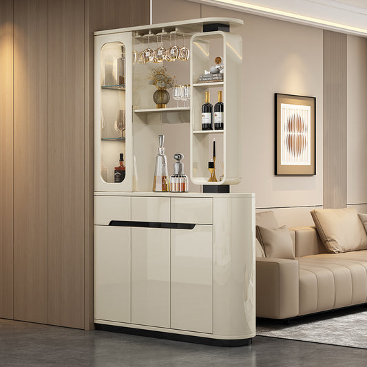 Modern Glossy Bar Cabinet Room Divider with Wine Storage Glass Holders and Display Shelves for Living Room or Dining Area