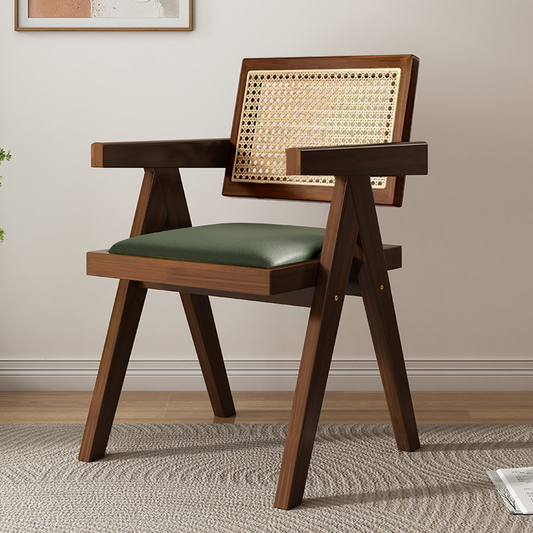 Mid-Century Modern Dining Chair with Cane Backrest and Faux Leather Seat for Dining Room, Study, or Cafe Interiors